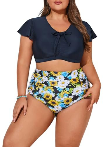 Hanna Nikole Women Plus Size Flutter Sleeve Swimsuit Bikini Sexy Elastic Monokini Black & Daisy 22