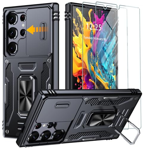 GOLDJU For Samsung Galaxy S24 Ultra Case - Built In Slide Camera Cover & Rotatable Kickstand Ring [2 * Screen Protector] Military Shockproof Protective Case For Samsung S24 Ultra Black