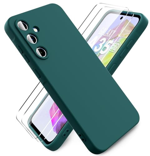 Ikziwreo - Funda para Samsung Galaxy A35 5G, con 2 Pack Protector de Pantalla de Vidrio Templado, Carcasa de Silicona Suave Ultrafina, Case de Goma a Prueba de Choques a los Arañazos - Verde Noche