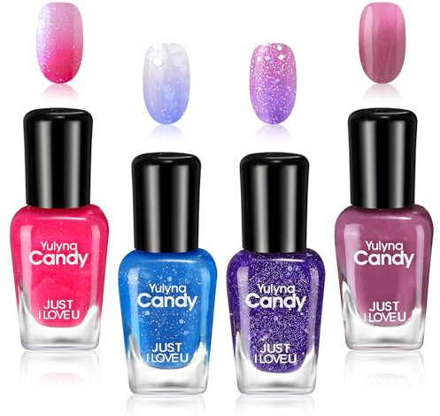 Colorful Gel Nail Polish Set, Long Lasting Glossy Quick Dry Glitter Nail Polis, Glitter Pink Blue Purple Mood Temperature Color Changing Nnail Varnish Set for DIY Manicure-Without Use UV Lamp…