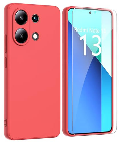 ARRYNN Custodia per Xiaomi Redmi Note 13 4G (6.67) Cover + Pellicola Protettiva Vetro Temperato,Liquid Silicone TPU Case Cover per Xiaomi Redmi Note 13 4G - Rosso