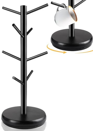 Tefola Mug Tree with 8 Hooks, Desktop Cup Storage Rack, Black Bamboo+PP Mug Holders, Cup Stand for Coffee Bar, Kitchen, Living Room, Tea Room(46 x18.4 x 18.4cm)