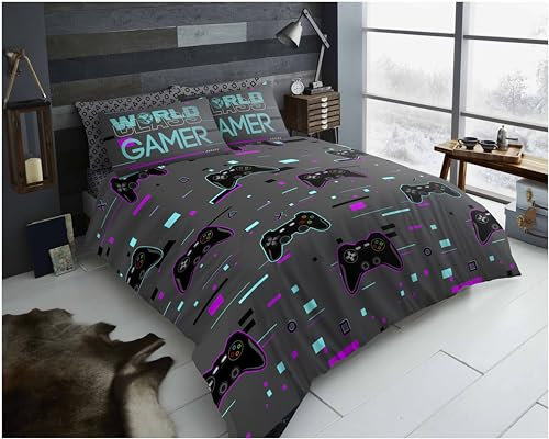 GC GAVENO CAVAILIA Xbox Gamer Duvet Cover Single | 50% Cotton, 50% Polyester Breathable Material | Hypoallergenic Neon Print Console Charcoal Gaming Bedding With Pillow Case for Boys