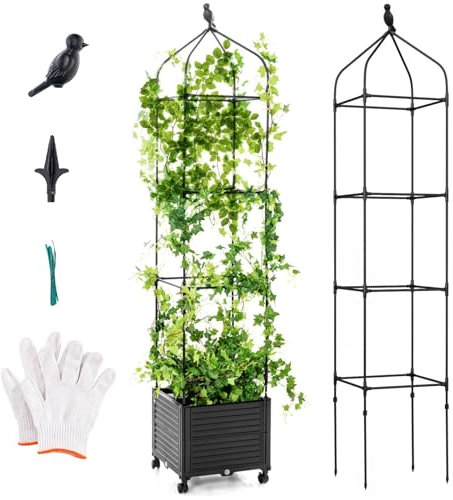 TANGZON 210cm Raised Garden Bed Planter Box with Trellis, 3 Height Tomato Cage Planter with Self-watering & Drainage for Climbing Vine Vegetable Fruit Flower, Indoor Outdoor Elevated Planter