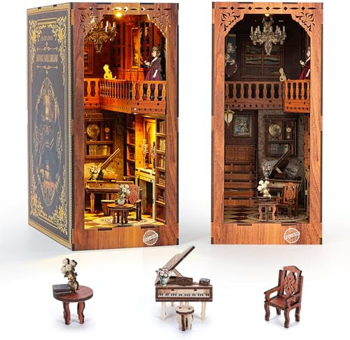 ITEFDTUTNE Book Nook Kit für Erwachsene, DIY Miniatur Puppenhaus Booknook Kit mit Led-Licht, 3D Holz Bücherregal Puzzle Booknook einfügen Dekor Handwerk für Erwachsene Teenager Geschenke, GRIMM'S