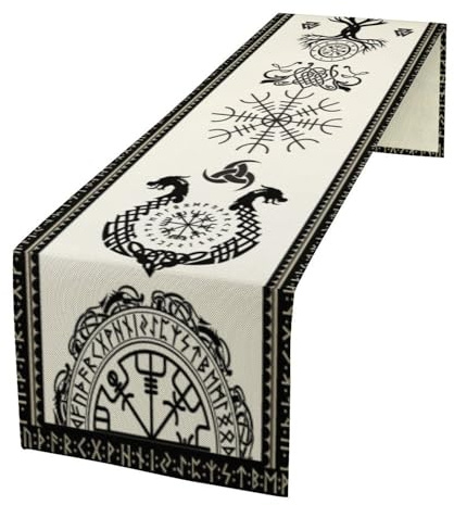 Tischläufer, Wikinger-Muster, keltischer Lebensbaum, Helm der Ehrfurcht, Magie, Krieger, nordische Drachen, saisonales Design, für Landhauspartys, Feiertage, Zuhause, Küche und Esstisch, 33 x 228,6 cm