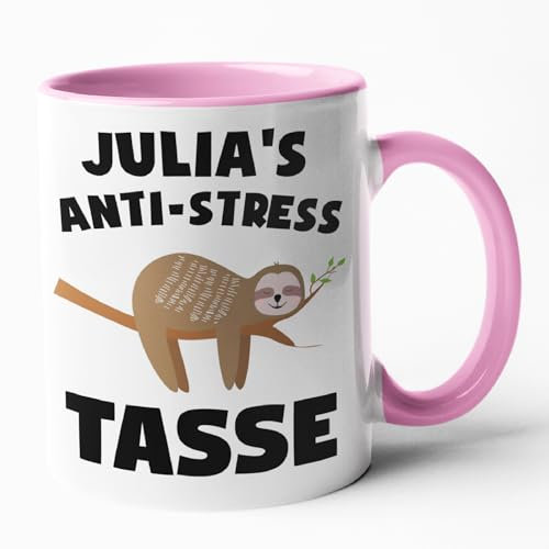 Anti Stress Tasse Personalisierbar - Faultier Meditation Relaxen - Kaffeebecher Faultier Kollegin Büro Kaffeetasse (Pink)