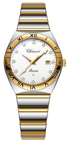 JewelryWe Damenuhr Edelstahl Leuchtende Uhren: 30m Wasserdicht Kalender Analog Quarz Armbanduhr Damen Gold/Silber Edelstahlarmband Uhr mit Römischen Ziffern Strassskala & Weiß rundem Zifferblatt
