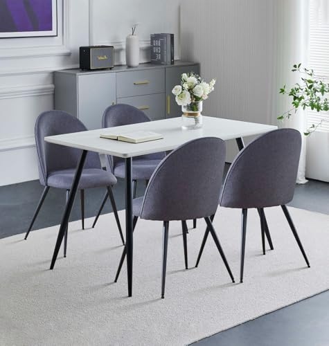 Hallowood Furniture Cullompton 120x70cm Small Dining Table and Chairs Set 4 | White Marble Effect Rectangular Kitchen Table and Chairs in Grey Fabric Upholstery with Metal Legs,Dining Set for Home & Café