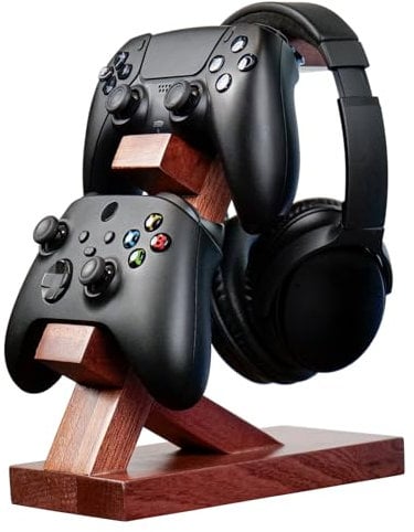Game Controller and Headphone Stand Holder - Wooden Stand for Controllers, Headphones, Headset with Headphone Holder, Gamepad Holder