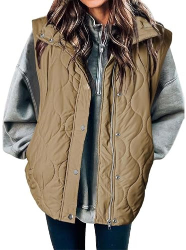 KKvoPiQ Damen Hoodie Mit Kapuze Und Reißverschluss Kapuzenjacke Ohne Ärmel Blau Mantel Dunkelgrün Damen Quilted Stand Collar Sleeveless Jackets Fall Button Zip Up Warm Coat Outerwear (Khaki, M)