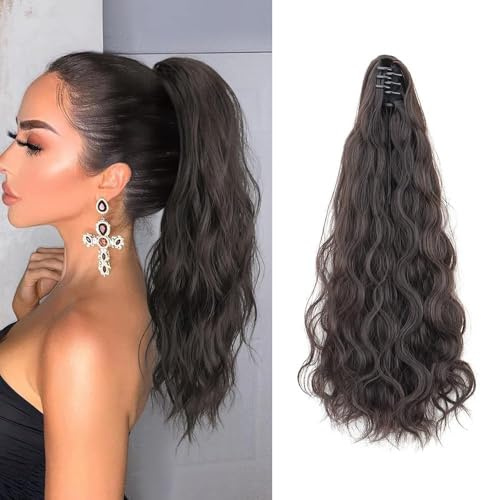 TTPSRY 50cm Water Wave Claw Clip Ponytail Hair Extensions Realistic Synthetic Hairpiece for Women Easy Clip In Style Adding Volume and Length(Brown black)