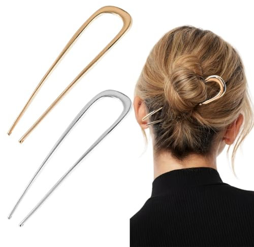 Ensemble de 2 pièces de barrettes métalliques françaises dorées et argentées, pinces à cheveux en forme de U, fourches à cheveux, Convient aux femmes et aux filles de tous types de cheveux