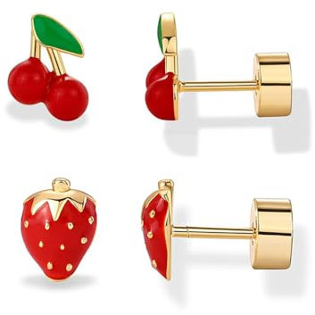 XFSRG Fruchtiges Ohrringe Set mit Erdbeer und Kirsch Motiv Hypoallergene 14K Vergoldetem Kupfer Ohrstecker Emaille Schmuck Accessoires für Alltag und Party
