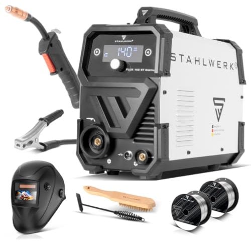 STAHLWERK Saldatrice Mini FLUX 140 ST Digital - Completo - Saldatura a filo di riempimento senza gas di protezione fino a 140 A, compatta, avanzamento sinergico, con luce LED, funzione Lift-TIG e MMMA