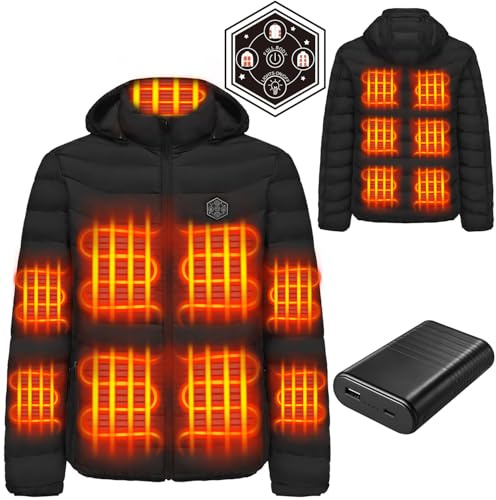 Beheizbare Jacken für Herren mit Akku, Heizjacke Herren Damen mit 15 Heizzonen, Wärmejacke mit Abnehmbarer Kapuze, Pufferjacke für Outdoor Wandern Jagd Motorrad Camping