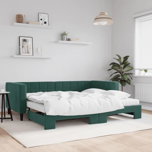 Teenpull Ausziehbares Tagesbett dunkelgrün, 90x200 cm, Samt-Bezug, mit 2 bequemen Schaumstoffmatratzen, stabiles Metall-Holz-Gestell, für Schlaf- & Gästezimmer, modernes Design