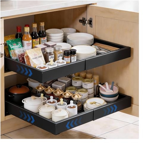 Kizivion 2 Pcs Cajones Extraibles para Cocina (32 CM-52 CM), No Requiere Taladrado, Fabricado en Acero al Carbono, con Guías Deslizantes Silenciosas, Adecuado para Encimeras y Armarios de Cocina