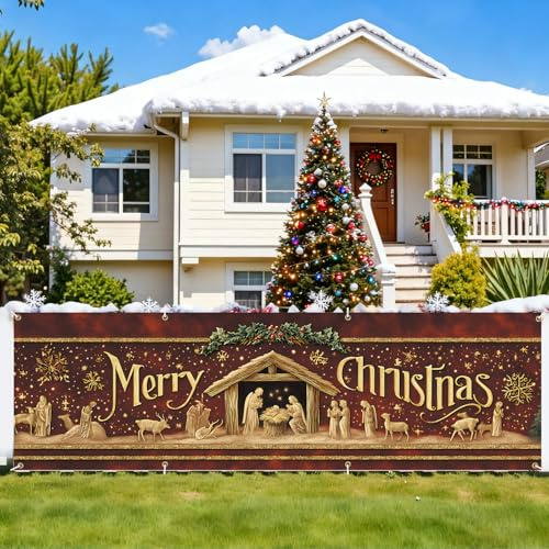 CRYSLOVE Große Frohe Weihnachten Banner,300 x 90 CM Weihnachtsbanner Balkon,Weihnachtsbanner Outdoor&Frohe Weihnachten Außen Banner, für Christmas Deko Outdoor&Indoor Decorations