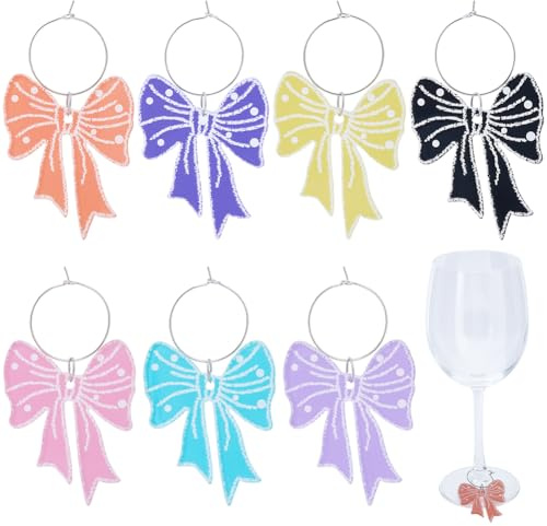 BEAMARKER 1 Box 7 Colors Bow Wine Glass Charm Acrylic Wine Charms Bulk Colorful Bows Tie Bowknot Coquette Drink Marker Identifier Tag with Brass Ring for Stem Glasses Cocktail Party Decoration Favors