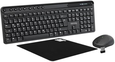 NEWWAY NKMP252 – Kabellose Tastatur Maus Set 2,4 GHz – QWERTZ Deutsch – Leise Tasten, 14 Multimedia-Tasten, Leichte Ergonomische 6-Tasten-Maus, Mauspad Inklusive, Lange Batterielaufzeit (Schwarz)