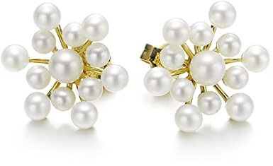 Grewod Gold Ohrringe 585 Damen Elegant Schneeflocke mit Rund Perle Ohrringe Ohrstecker Nickelfrei Hochzeit Schmuck