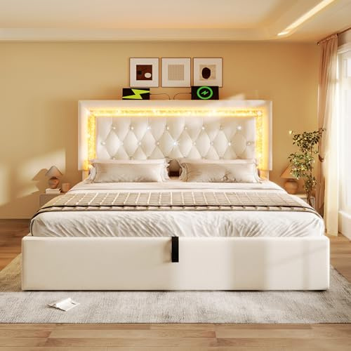 Ball & Cast Upholstered Bed 150 x 200 cm with LED Lighting, USB Type-C Charging, Storage Headboard for Cellphones and Tablets, 5f6 Hydraulic Storage Bed with Metal Slatted Frame, Beige (No Mattress)