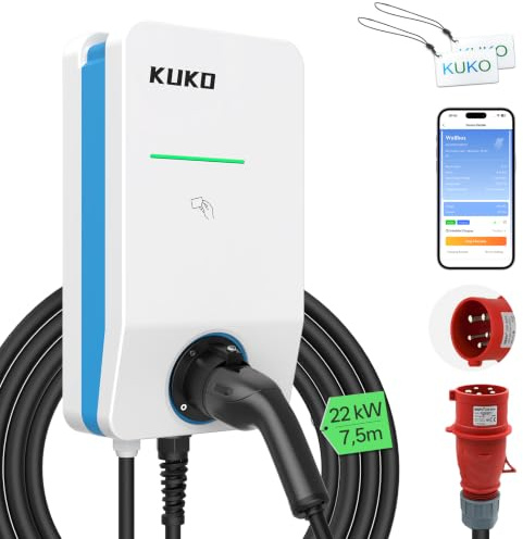 KUKO Wallbox 22kW mit APP(4G/WLAN/Bluetooth) OCPP, Typ 2 EV Ladegerät, 3-Phasen CEE Ladestation für Zuhause mit Stromzähler & RFID, 7,5m Ladekabel, 32A 400V AC Laden für BEV/PHEV, TÜV & CE,IP55 Schutz