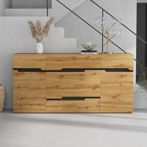 Merax Sideboard Kommode mit 2 Schranktüren 4 Schublade, Sideboard Holz Küchenschrank Buffet Wohnzimmerschrank, breite grifflose Schließfächer, Holzfarbe + Schwarz/160 * 40 * 80cm