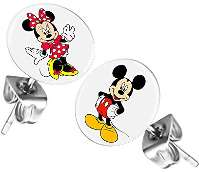 Mianova Ohrringe Stecker Rund Klein Ohrstecker Runde Platte Silber mit Motiv Minnie und Mickey Mouse