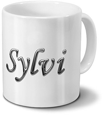 printplanet Tasse mit Namen Sylvi - Motiv Chrom-Schriftzug - Namenstasse, Kaffeebecher, Mug, Becher, Kaffeetasse - Farbe Weiß