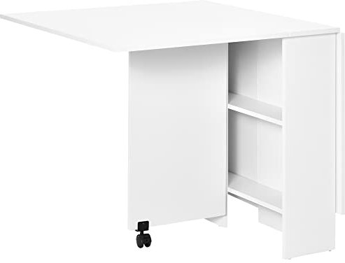 HOMCOM Folding Dining Table, Drop Leaf Table with 2-Tier Shelves, Rolling Casters, for Small Spaces, Kitchen, White