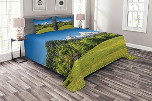 ABAKUHAUS Deutschland Tagesdecke Set, Bayerische Alpen Dorf, Set mit Kissenbezügen Romantischer Stil, für Doppelbetten 264 x 220 cm, Wald Grün Farngrün Himmelblau
