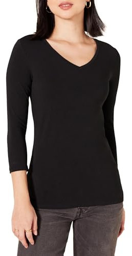 Amazon Essentials Women's Regular-Fit 3/4 Sleeve V-Neck T-Shirt (Available in Plus Size), Black, XL