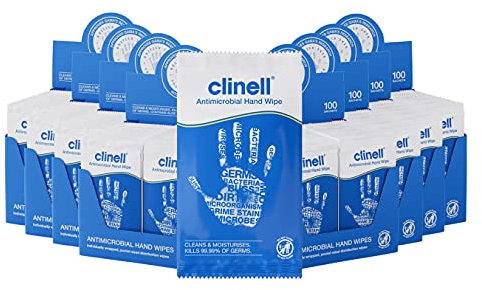 Clinell Antimicrobial Hand Wipes - Pack of 8 - 100 Individually Wrapped Sachets per Pack (800 Wipes) - Sanitising Wipes, Ideal for Travel - Dermatologically Tested, Kills 99.99% of Germs