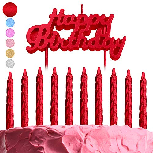 GET FRESH Red Birthday Cake Candles Set 10-Pack Spiral and Happy Birthday Cake Topper Elegant Bday and Letter Cake Decoration Unique Red Birthday Candles Kit