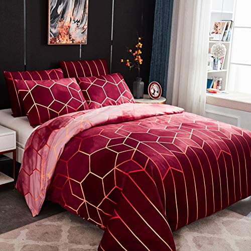 Sets Housse de Couette 220x240 cm avec 2 x Taies d'oreiller 50x70 cm,Mode Unique 3D Géométrique Imprimé Boho Microfibre Literie Parure de Lit Linge de Lit avec Fermeture Éclair pour 2 Personnes,Rouge
