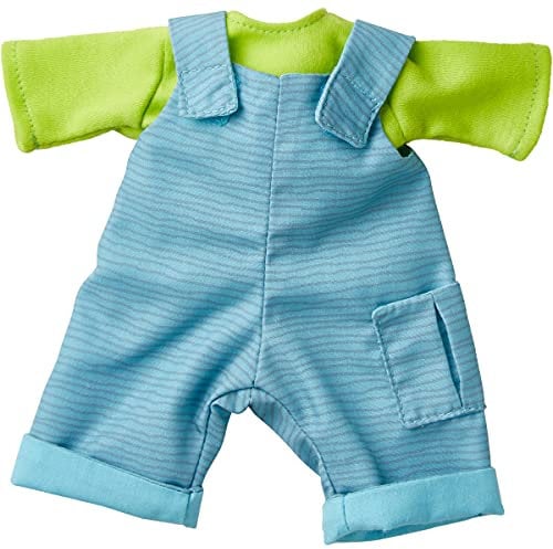 HABA Kleiderset Freizeitspass – T-Shirt und Latzhose für 30 cm Puppen – Pflegeleicht und waschbar bei 30°C – Ab 18 Monaten – 1305979001