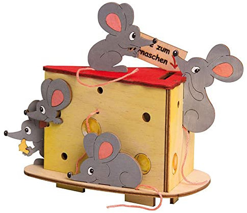 Drechslerei Kuhnert - Hobaku Bastelset - Spardose/Geldbüchse - Motiv: Mäuse - Dekoration aus Holz zum Zusammenbauen - Maße: ca. 18 x 11 x 15 cm - Made in Germany
