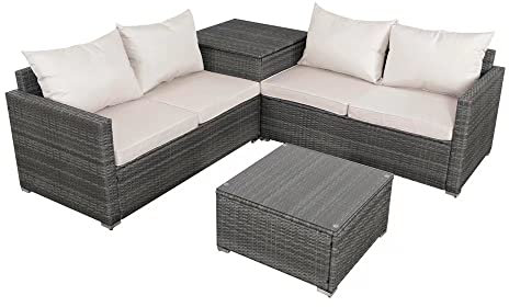 Panana 4 Seater Rattan Furniture Set Lounge Corner Sofa Set with Storage Cabinet, Coffee Table, Furniture Cover for Garden Patio Outdoor (Grey Wicker with Beige Cushions)