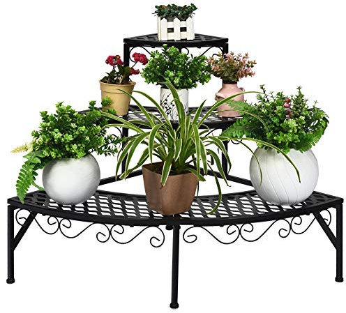 COSTWAY 3-stufige Metall Blumentreppe, Pflanzenständer Multifunktionales Pflanzenregal, Ausstellungsregal für drinnen & draußen, Pflanzregal Blumenregal für Terrasse Garten Balkon