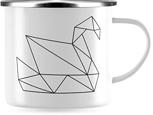 JUNIWORDS Emaille-Tasse, Origami Schwan, Silberner Tassenrand