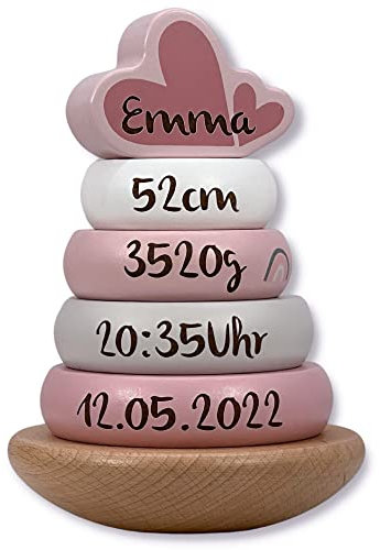 KIDSLINO Stapelturm rosa - personalisierbar I Geschenk zur Geburt & Taufe I Handmade Baby Holzspielzeug I Personalisierte Geschenke Baby I Label-Label I Stapelspiel mit Name & Geburtsdaten