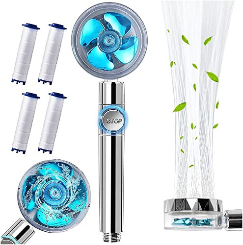 Soffione da doccia ad alta pressione e a risparmio idrico, con elica turbo, con pulsante di arresto dell’acqua e 4 filtri, rotazione a 360 gradi (blu)