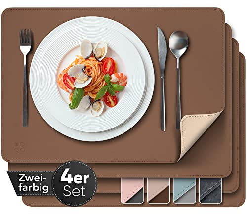Loco Bird Edle Tischsets Platzsets Abwaschbar aus PU-Leder - Tischdeckchen 4er Set - Tischset braun/beige, 43x30cm Platzset Lederoptik, abwaschbare Tischset Kunstleder, Platzdeckchen Abwaschbar