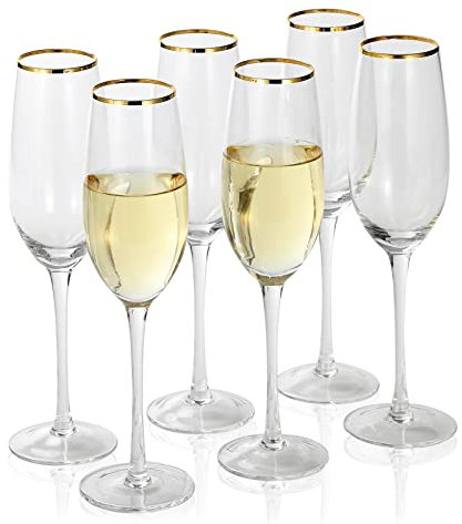 EVEREST GLOBAL Gold Rim Champagne Flutes 8.0 oz set of 6 Hand Blown Crystal Clear with Golden Rim