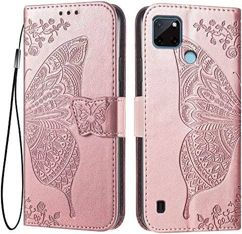 EASSGU Leder Handyhülle für Realme C21Y / Realme C25Y (6.5 Inches) Flip-Folio Magnetische Hülle mit 3 Kartenfach, 1 Wallet, Sturzfeste, Kratzfeste Case - Roségold