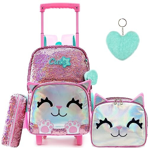 Rolling Rucksack für Mädchen niedliche rosa Katze Schulrucksack mit Rädern Kinder Pailletten Rollkoffer für Grundschulkindergarten Studenten mit Lunch-Box Pencil Case für Mädchen 5-12 Jahre alt