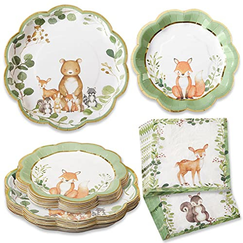 Kate Aspen Woodland Baby Shower Decorations, 62-Piece Disposable Paper Plates & Napkins Party Supplies for 16 Guests - Woodlands Animals Theme for Baby Boy Shower Table Decorations, Gender Reveal