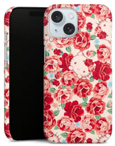 DeinDesign Premium Case kompatibel mit Apple iPhone 15 Smartphone Handyhülle Schutzhülle matt Muster Hello Kitty Pfingstrose
